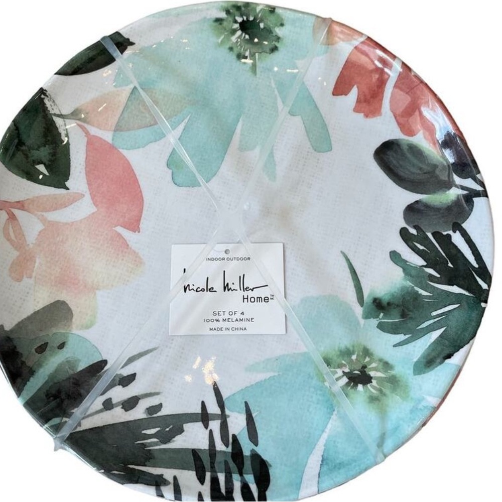NICOLE MILLER Home Multi Colored Floral Melamine 11" Dinner Plates Set of 4 NEW
